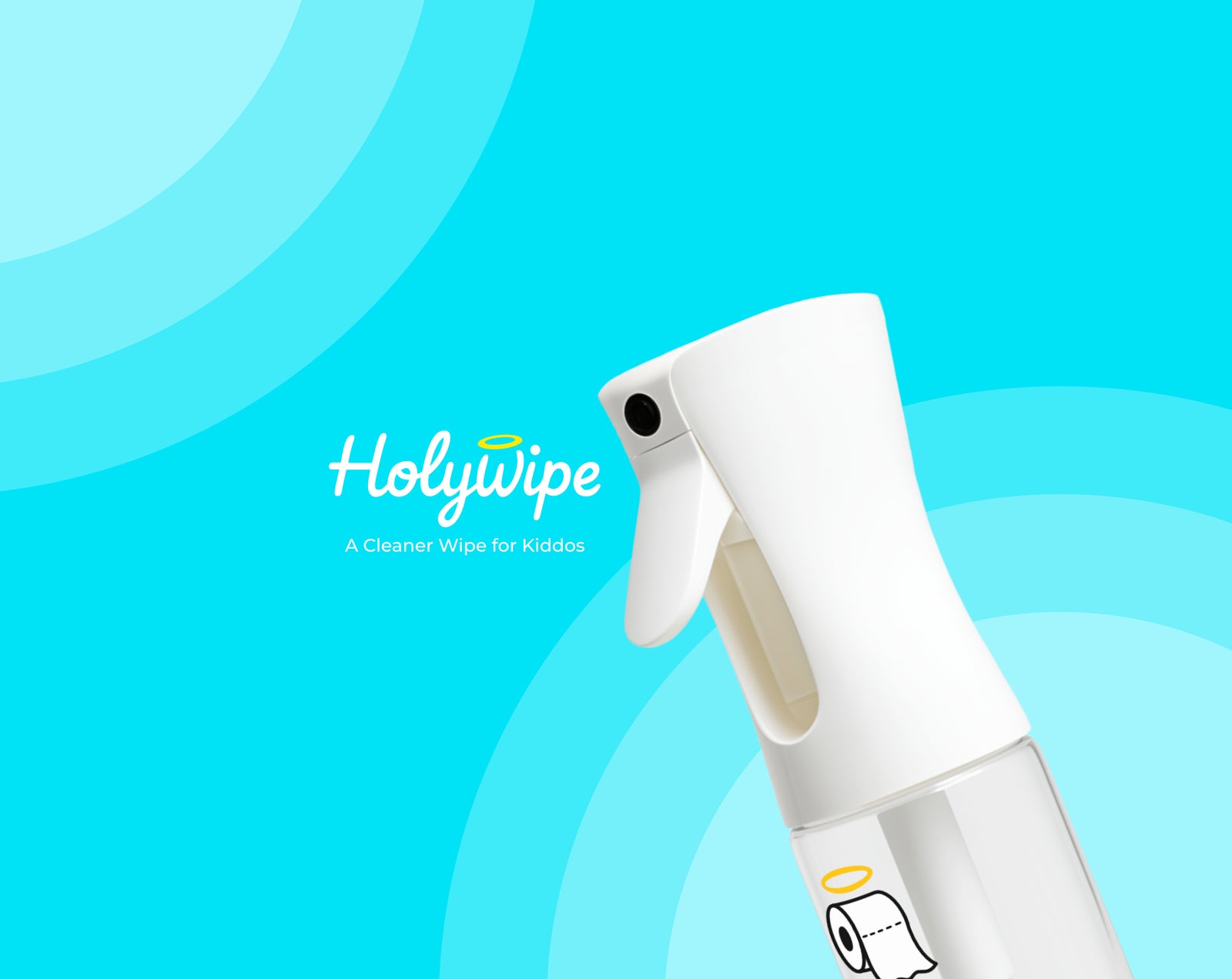 A hero image of a bottle of holywipe on the right side, with the logo on the left side that spells out Holywipe. With a text line below saying "A cleaner wipe for kiddos."